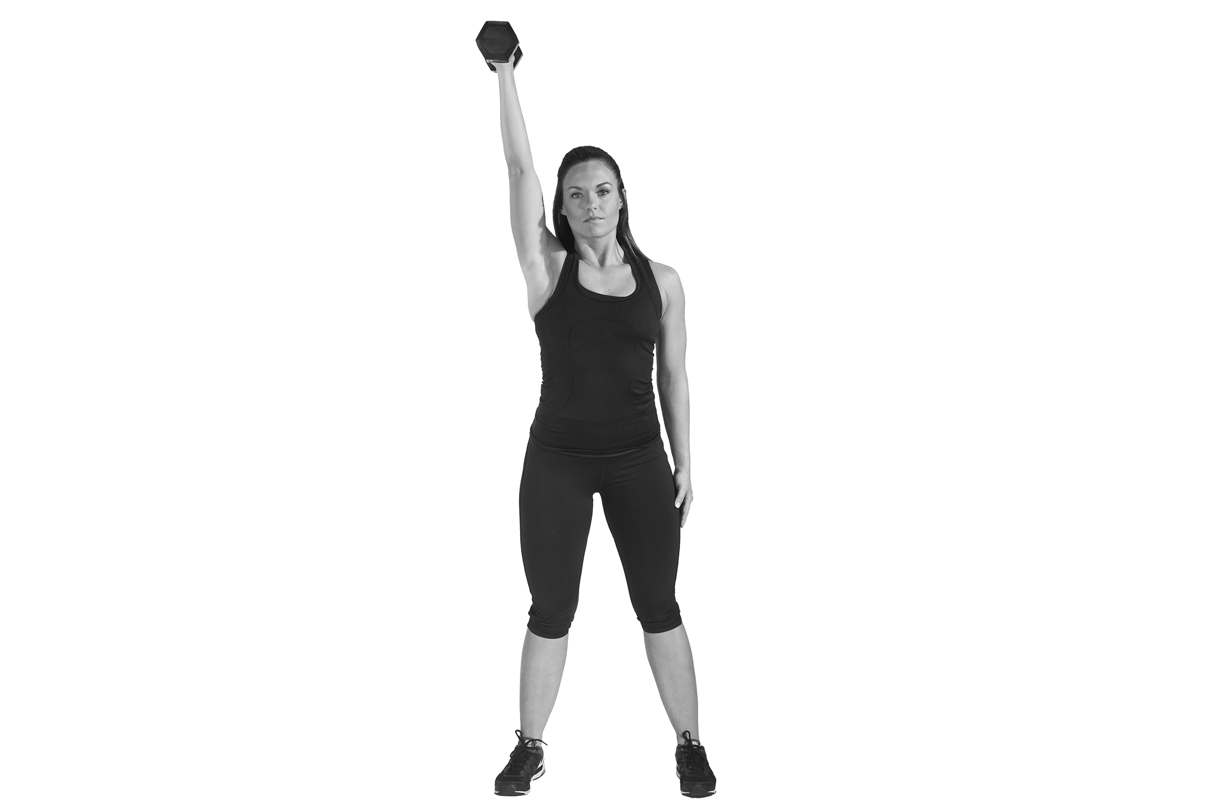 Woman doing single-arm dumbell push press. 