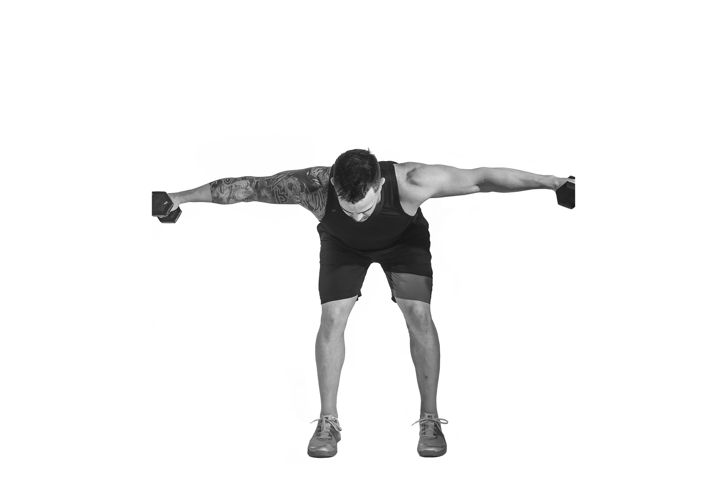 Man doing bent-over dumbbell rear-deltoid raise.