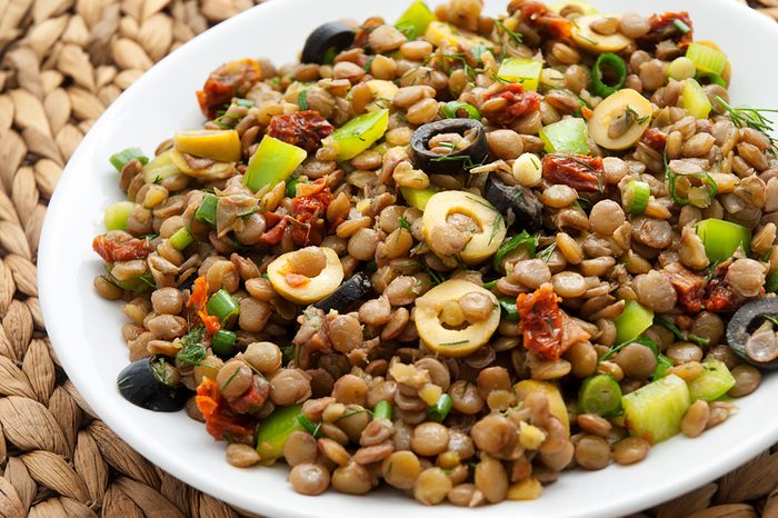 a lentil dish with olives and veggies