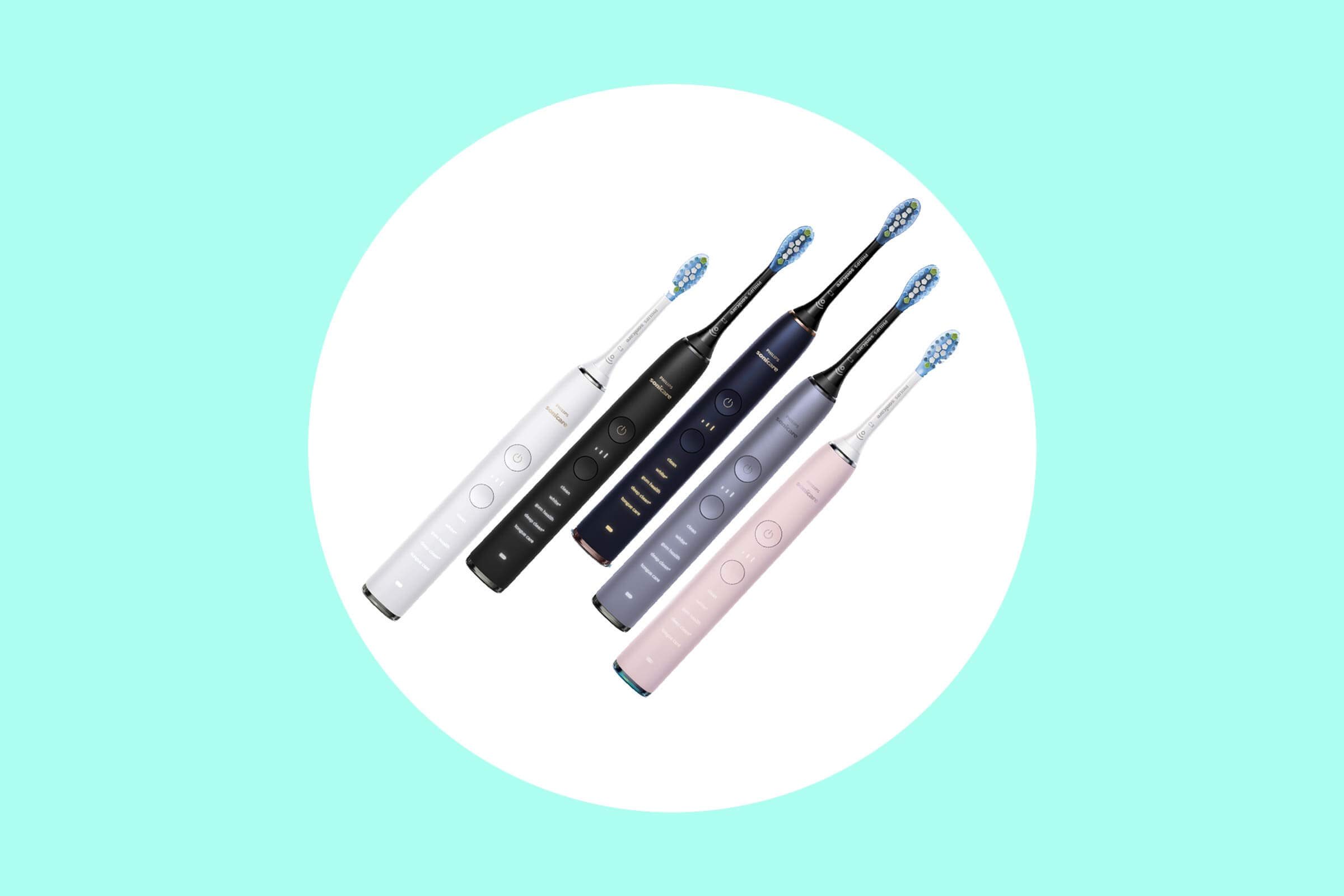 Philips Sonicare toothbrushes in multiple colors.