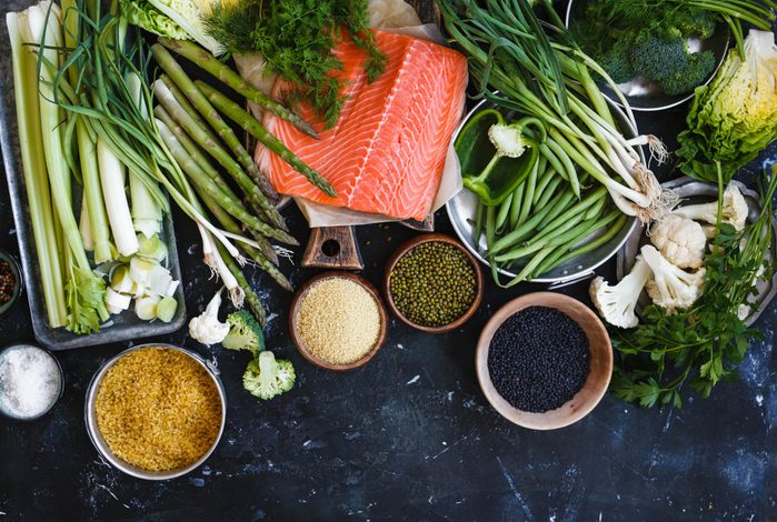 salmon, grains, and vegetables