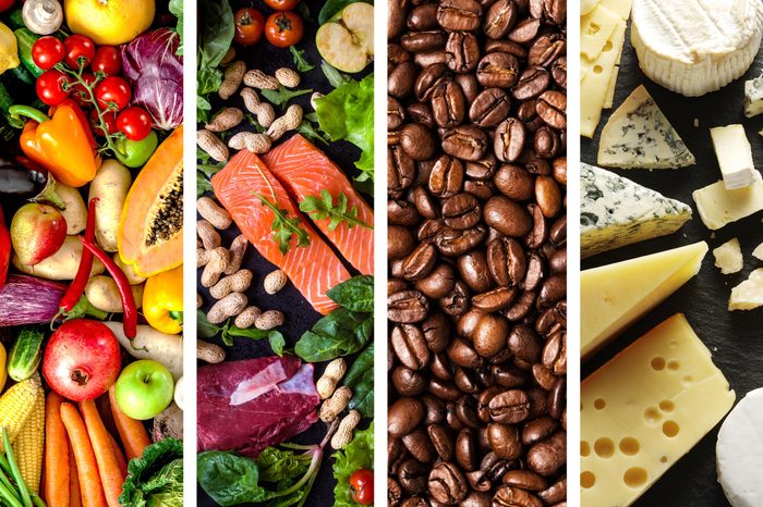 Fruits and vegetables, salmon, coffee beans, and cheeses.