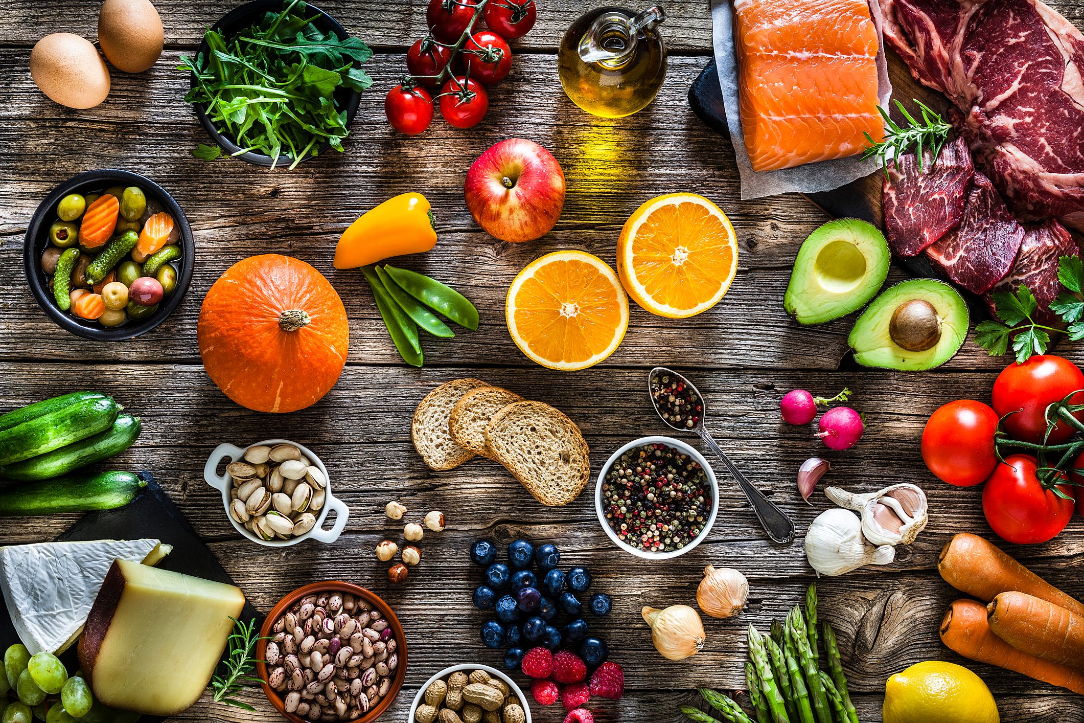Food backgrounds: table filled with large variety of food