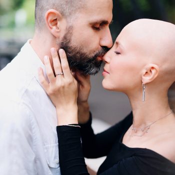 A man supports his beloved woman who is fighting breast cancer, Valentine's Day, International Breast Cancer Day
