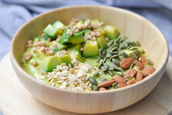 smoothie bowl, avocado yogurt with fruit topping or blended avocado